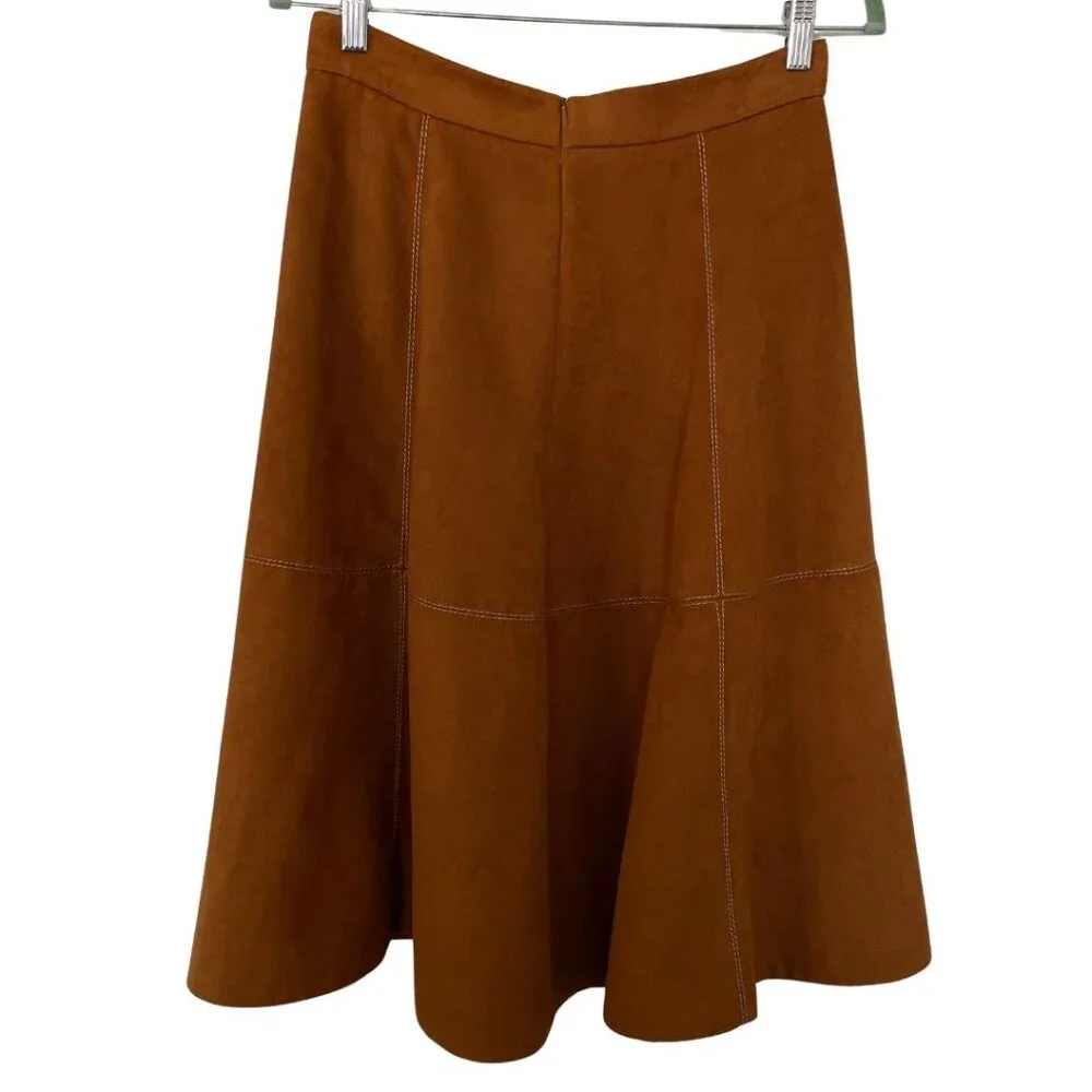 Karen Millen Brown Vegan Faux Suede Button Front Western A-Line Skirt Size 8